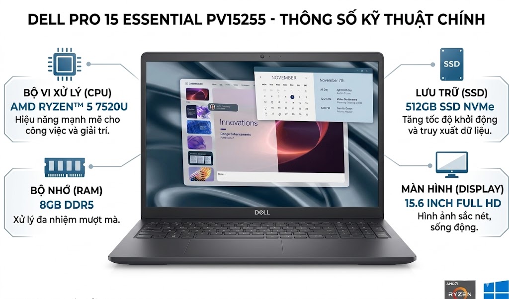 DELL PRO 15 ESSENTIAL PV15255 ( AMD RYZEN(TM) 5 7520U, 8GB, 512GB SSD, 15.6 INCH FHD )