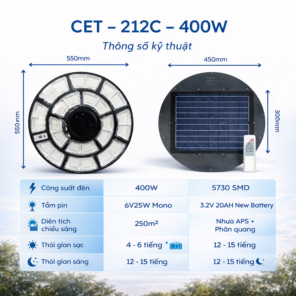 Đèn Sân Vườn Năng Lượng Mặt Trời CET-212C-400W 400W chống nước IP67 ngoài trời