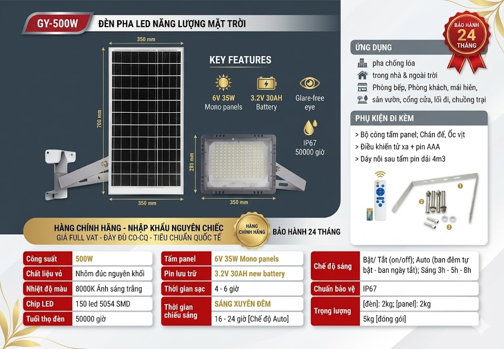 Đèn năng lượng mặt trời CET GY-500W 500W chống nước IP67 ngoài trời