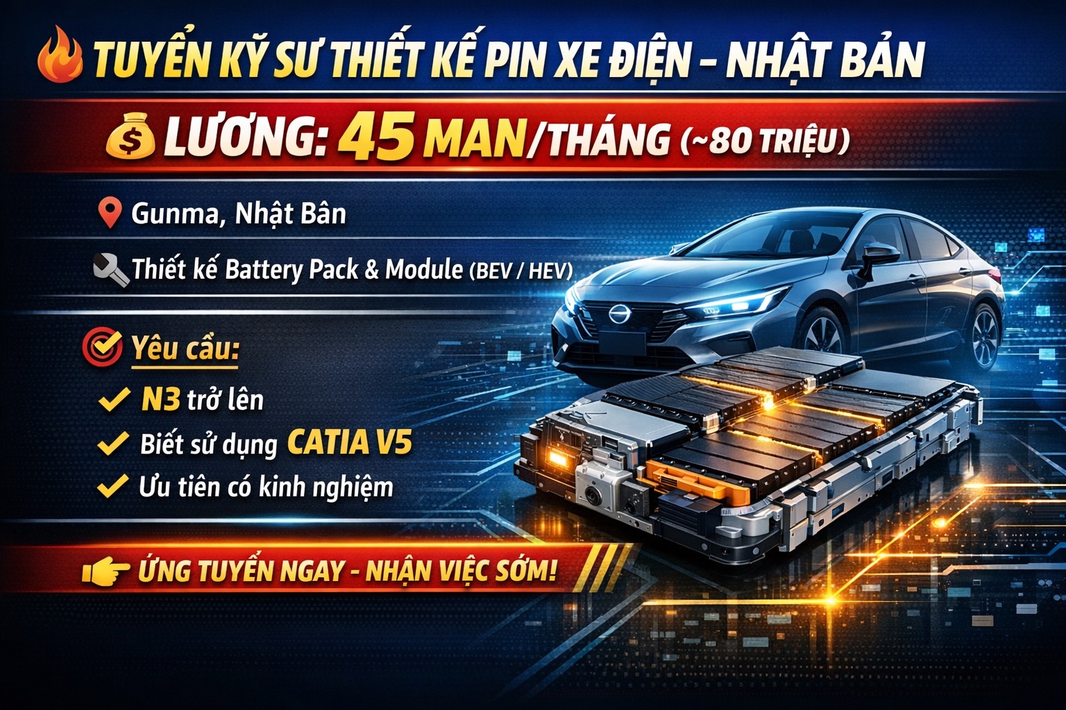 Tuyển dụng Kỹ sư thiết kế pin ô tô (Battery Pack & Module) – Làm việc tại Gunma, Nhật Bản