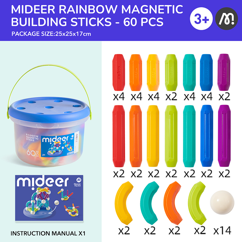 Đồ chơi xếp hình nam châm cho bé Mideer Rainbow Magnetic Building Stick 60 Chi Tiết 3+