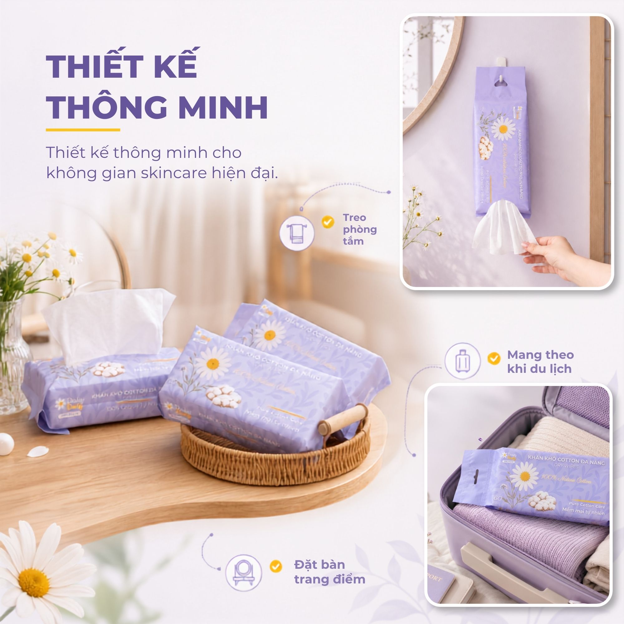 Khăn Lau Mặt Cotton Dùng 1 Lần 60 Tờ Daizy Daily Facial Towel- COMBO 3 Gói