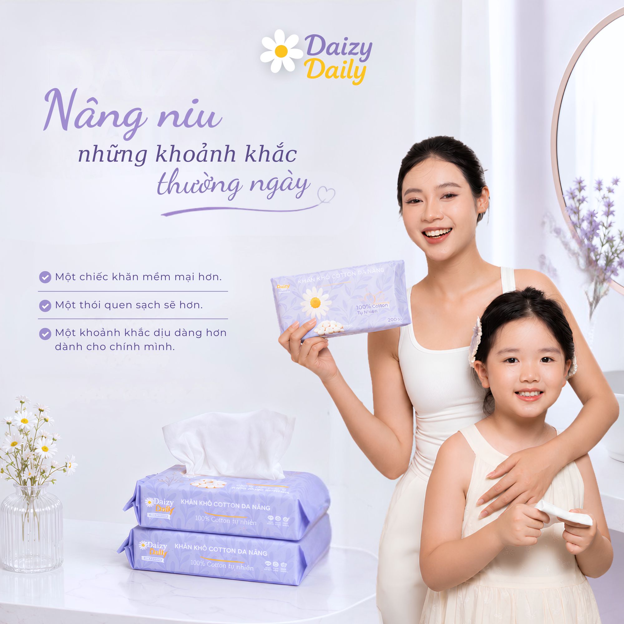 Khăn Lau Mặt Cotton Dùng 1 Lần 60 Tờ Daizy Daily Facial Towel