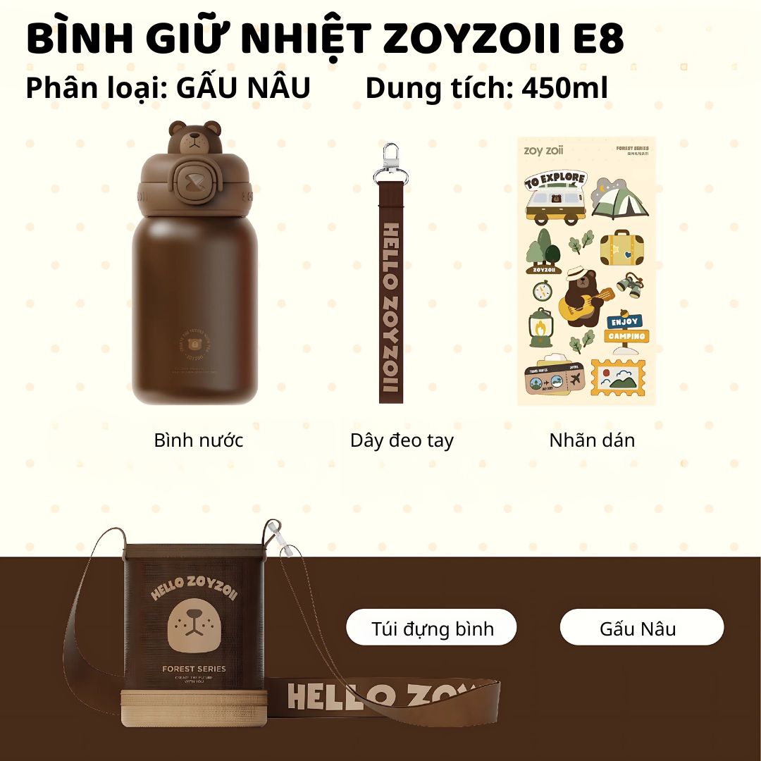 Bình Giữ Nhiệt Cho Bé Zoyzoii Animal Series Thermos Cup E8- Gấu Nâu