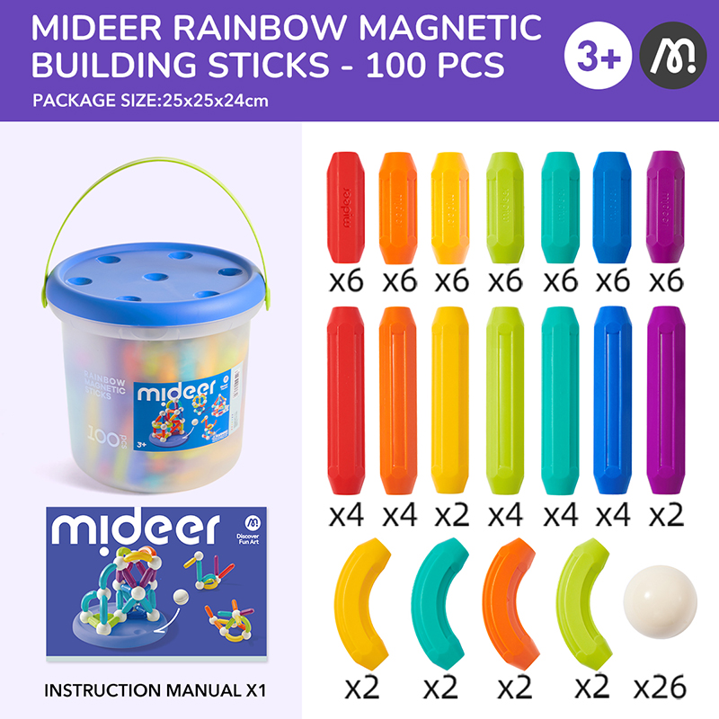 Đồ chơi xếp hình nam châm cho bé Mideer Rainbow Magnetic Building Stick 100 Chi Tiết 3+