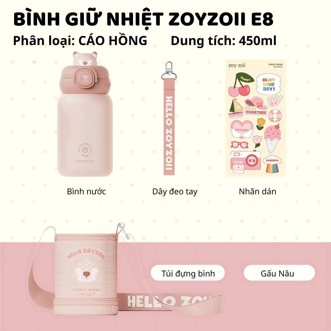 Bình Giữ Nhiệt Cho Bé Zoyzoii Animal Series Thermos Cup E8- Mèo Hồng