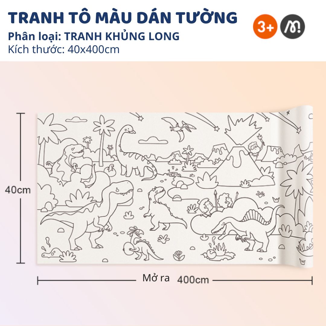Tranh Tô Màu Dán Tường Mideer Adhesive Colouring Scroll- The Amazing Dinosaurs 3+