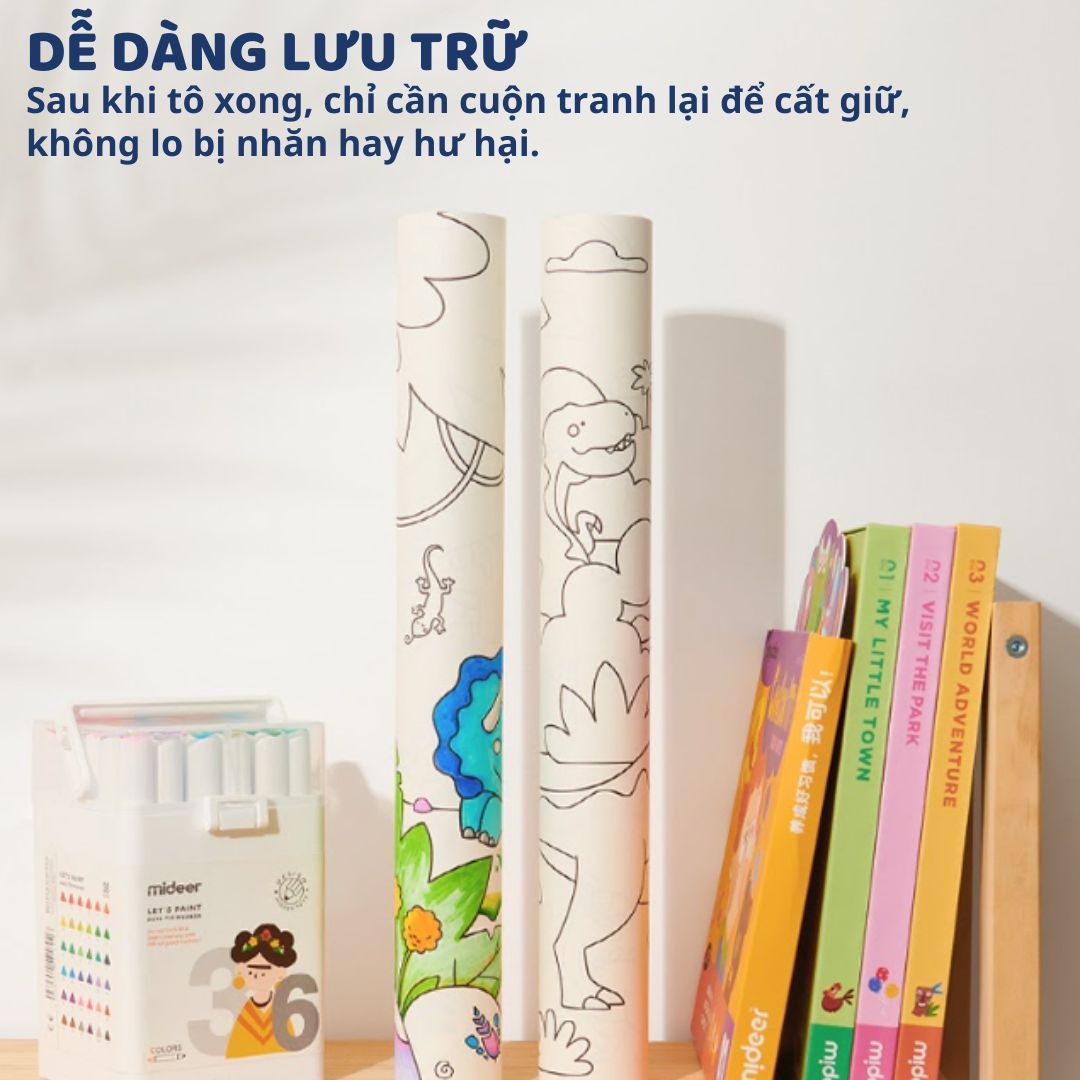 Tranh Tô Màu Dán Tường Mideer Adhesive Colouring Scroll- The Amazing Dinosaurs 3+