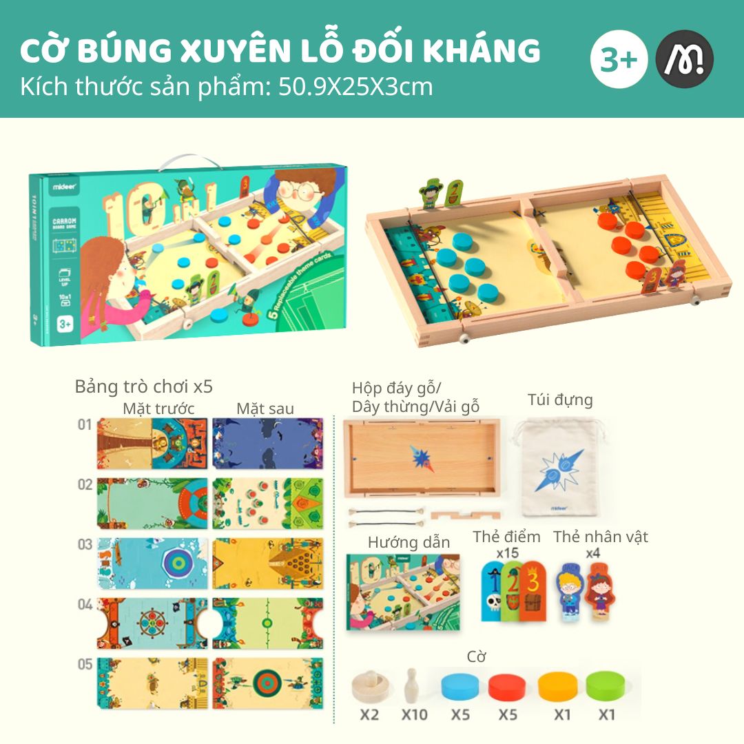 Cờ Búng Xuyên Lỗ Đối Kháng Mideer 10 In 1 Carrom Board Game 3+