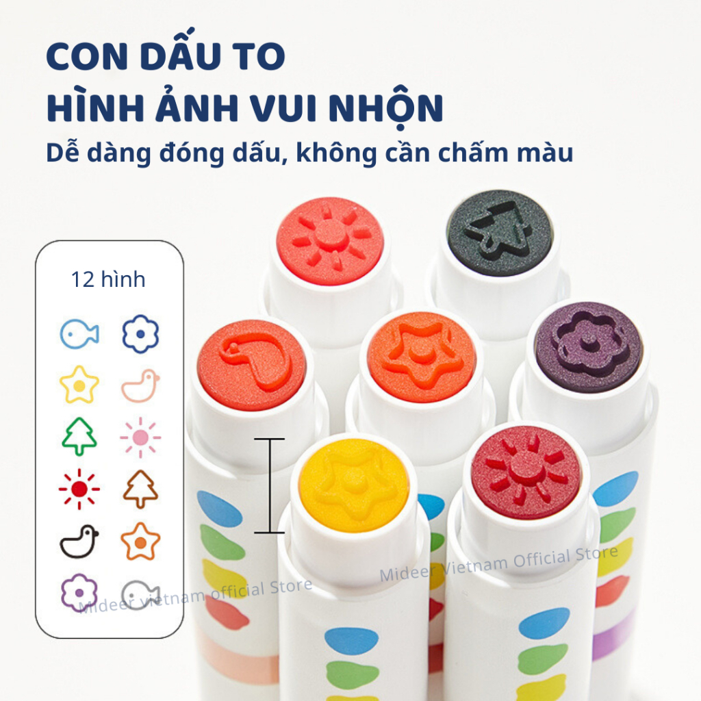 Bút Màu Nước 2 Đầu Kèm Con Dấu Mideer Round-Tip Stamper Washable Marker 6 Màu 3+