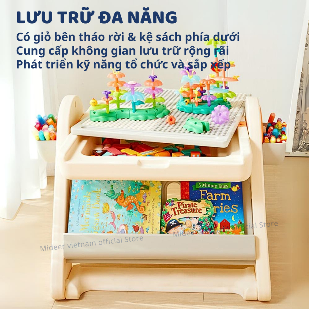 Bàn Gấp Gọn Đa Năng Ghế Ngồi Cho Bé Mideer Multifunctional Block Table 3+