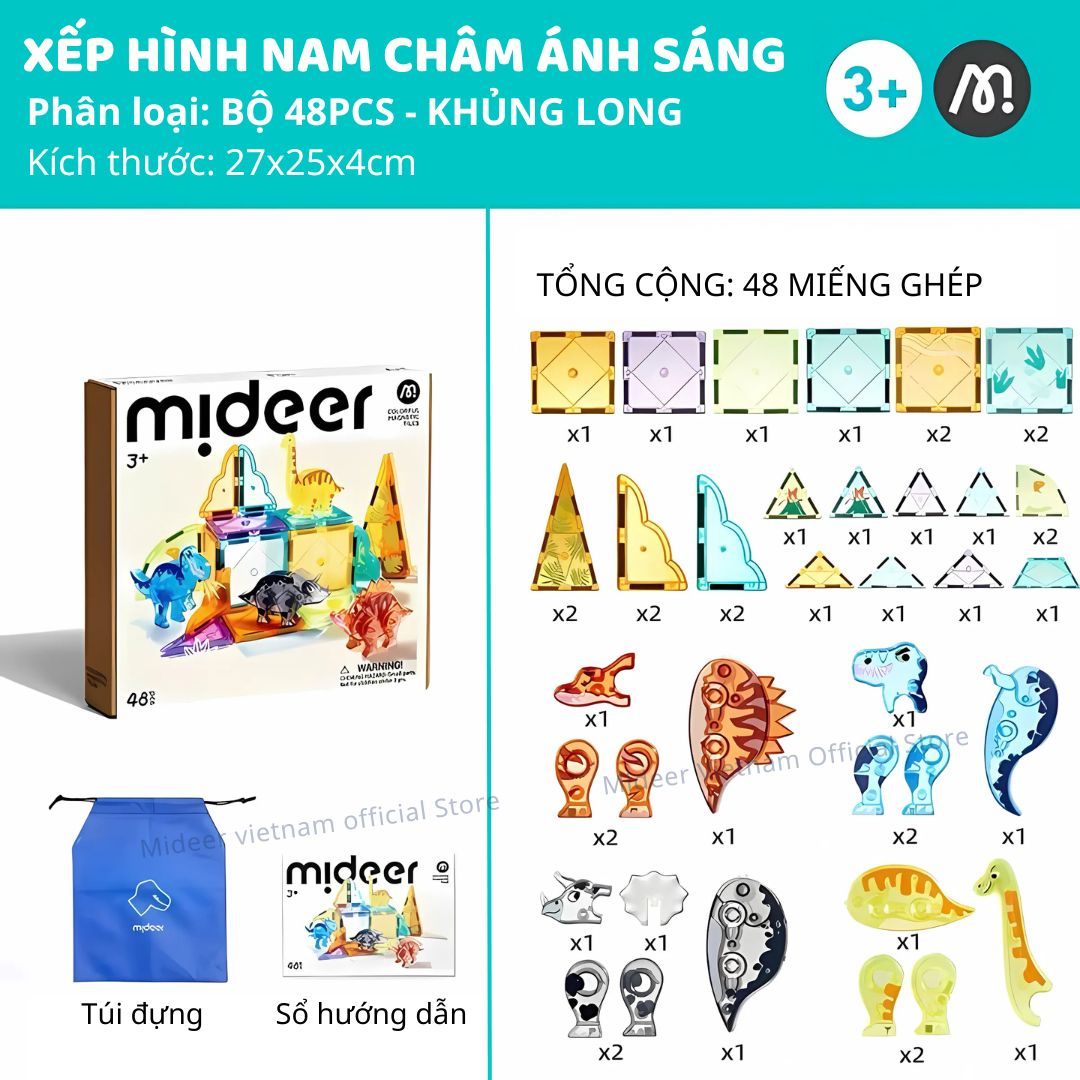 Đồ Chơi Xếp Hình Nam Châm Khủng Long Mideer Colorful Magnetic Tiles 48 Chi Tiết 3+