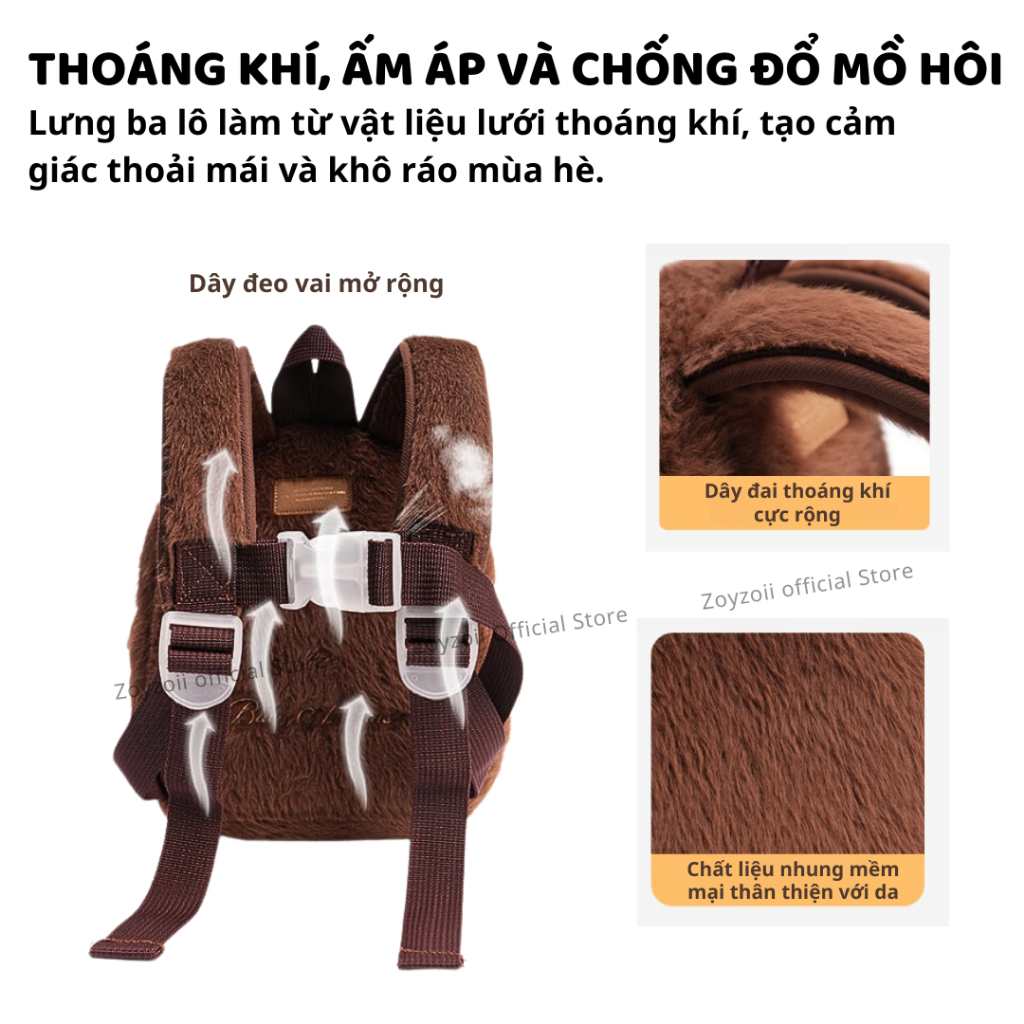 Balo Cho Bé Mầm Non Hình Gấu Bông Zoyzoii Kids Backpack B82 Gấu Nâu