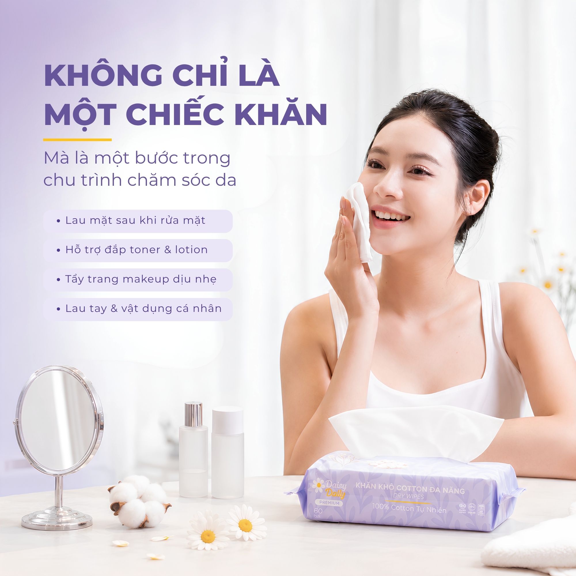 Khăn Lau Mặt Cotton Dùng 1 Lần 60 Tờ Daizy Daily Facial Towel