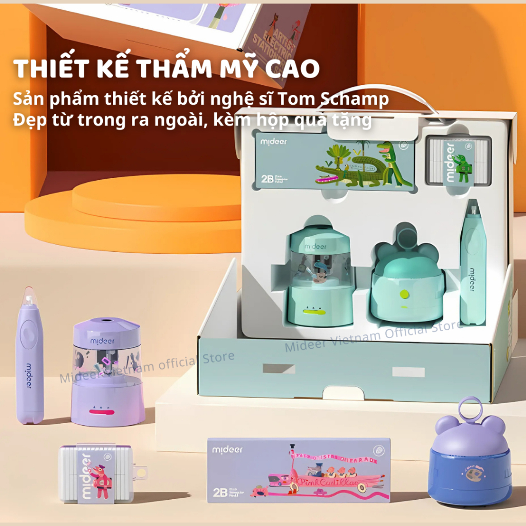 Bộ Gọt Bút Chì Tự Động Cao Cấp Mideer Artist Electric Stationery Set- Citrus Glow 3+