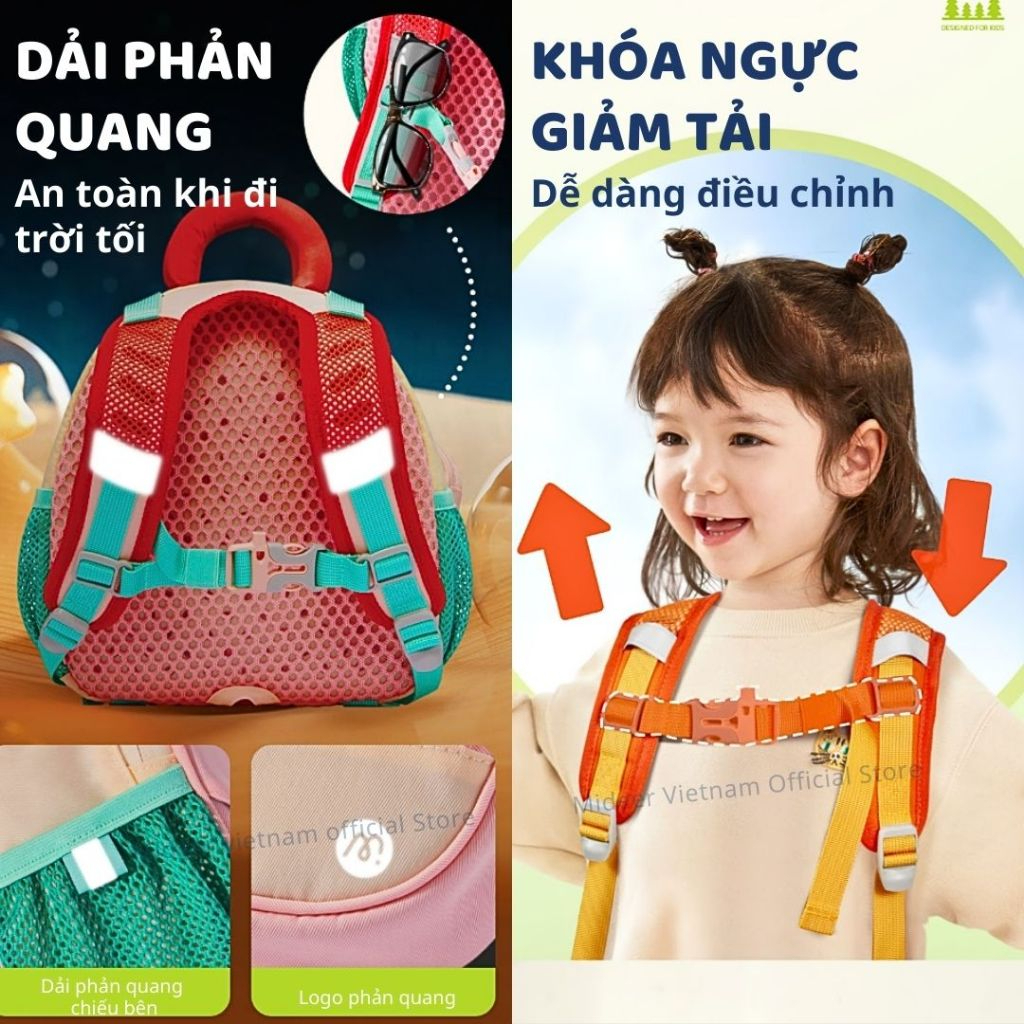Balo Cho Bé Mầm Non Siêu Nhẹ Màu Hồng Mideer Outing Kids Backpack 1-5 Tuổi