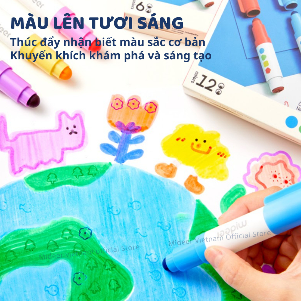 Bút Màu Nước 2 Đầu Kèm Con Dấu Mideer Round-Tip Stamper Washable Marker 12 Màu 3+