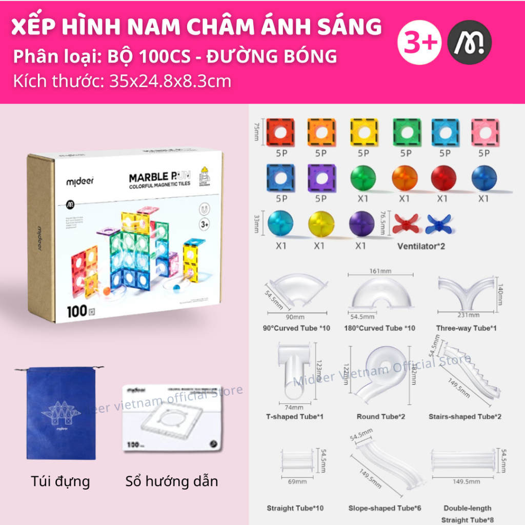 Đồ Chơi Xếp Hình Nam Châm Đường Bóng Mideer Colorful Magnetic Tiles- Marble Run 100 Chi Tiết 3+