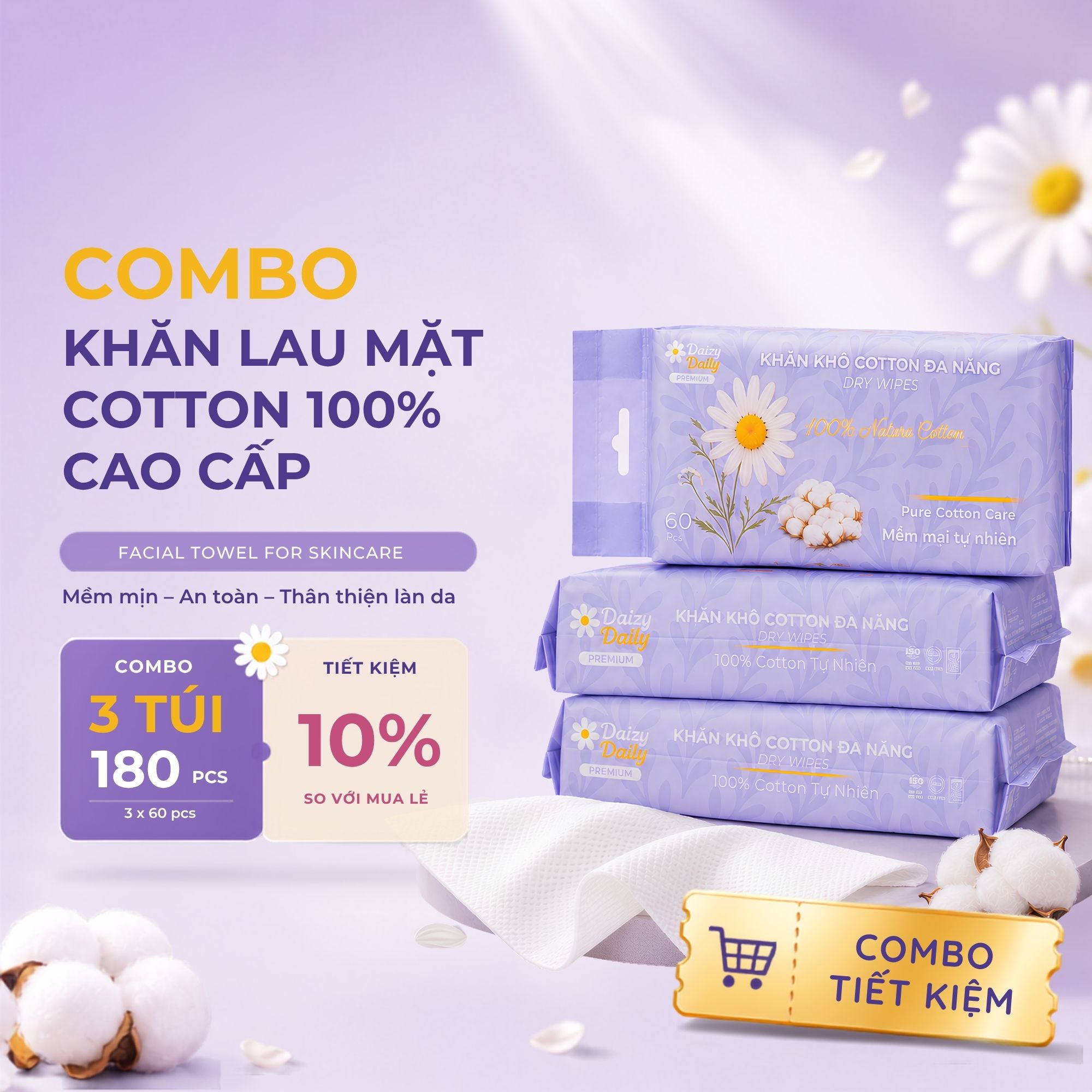 Khăn Lau Mặt Cotton Dùng 1 Lần 60 Tờ Daizy Daily Facial Towel- COMBO 3 Gói