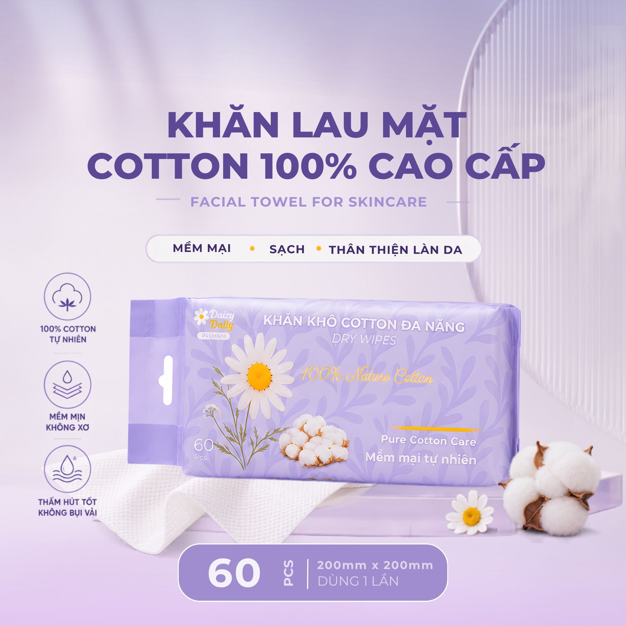Khăn Lau Mặt Cotton Dùng 1 Lần 60 Tờ Daizy Daily Facial Towel