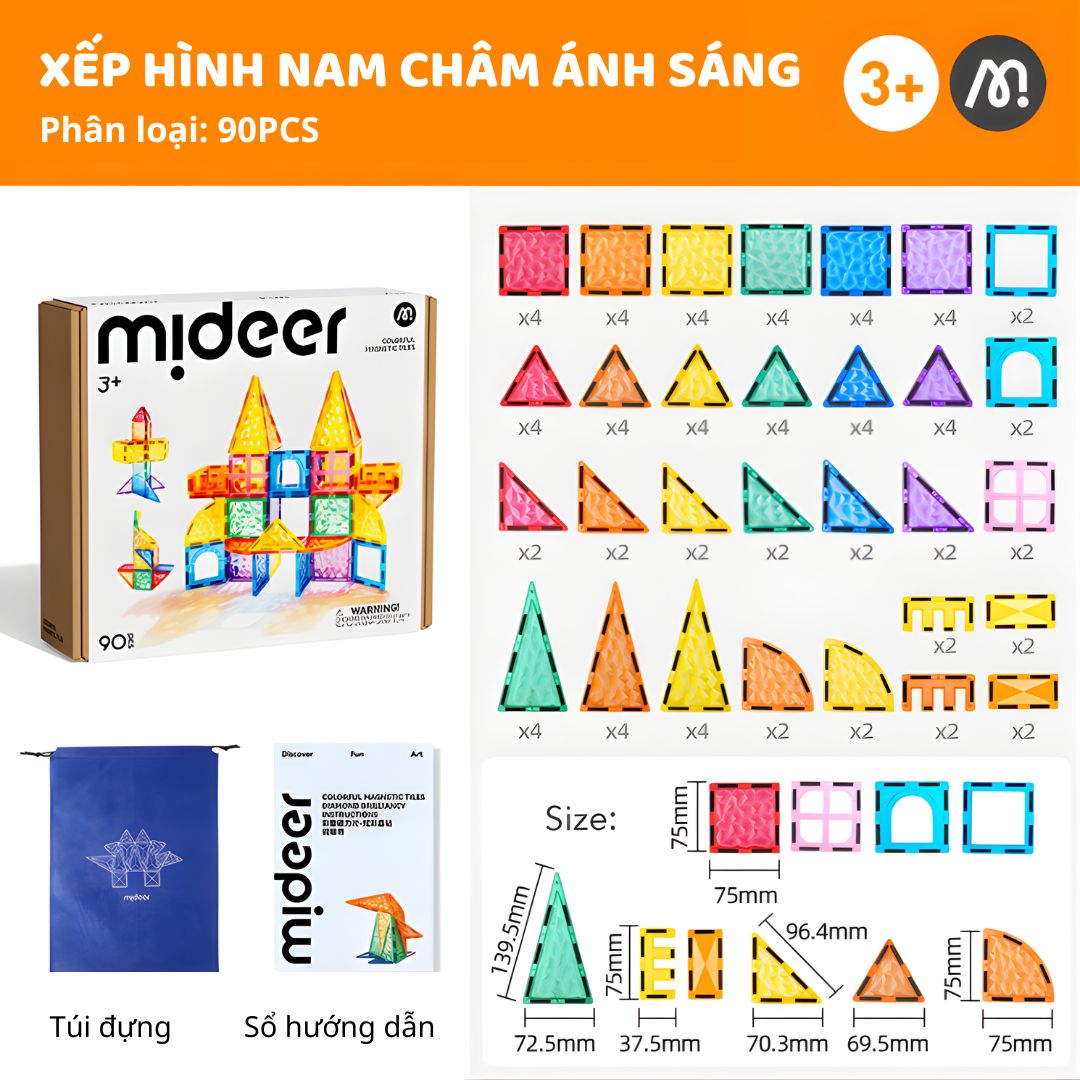 Đồ Chơi Xếp Hình Nam Châm Cho Bé Mideer Colorful Magnetic Tiles 90 Chi Tiết 3+