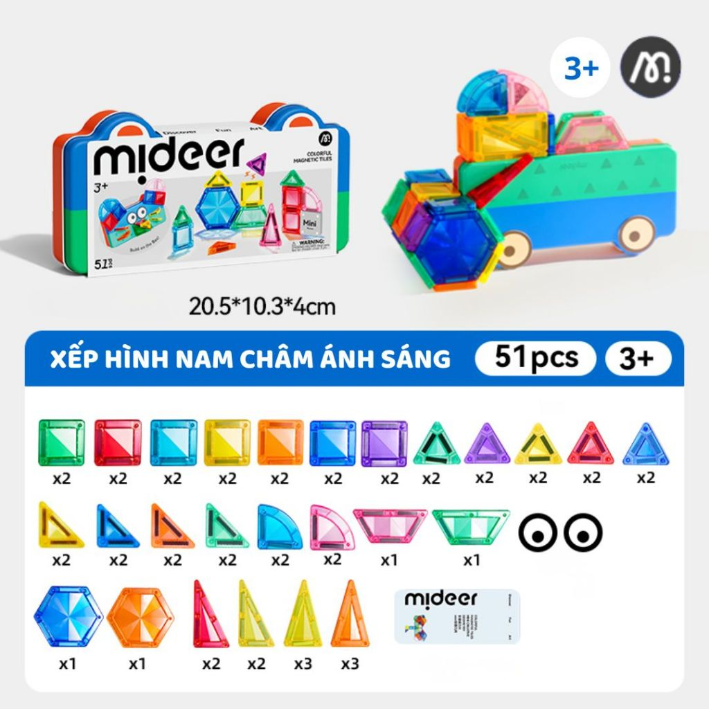 Đồ Chơi Xếp Hình Nam Châm Mini Mideer Colorful Magnetic Tiles 51 Chi Tiết 3+