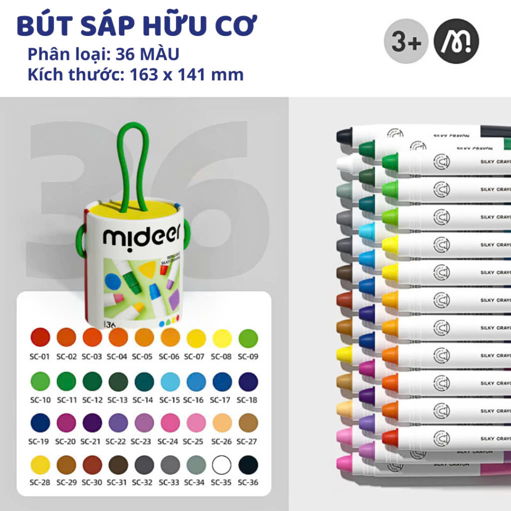 Màu Sáp Lụa Hữu Cơ 36 Màu Mideer Silky Crayons 3+