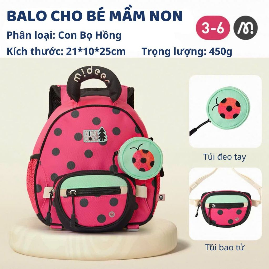 Balo Cho Bé Mầm Non Siêu Nhẹ Màu Hồng Mideer Outing Kids Backpack 1-5 Tuổi
