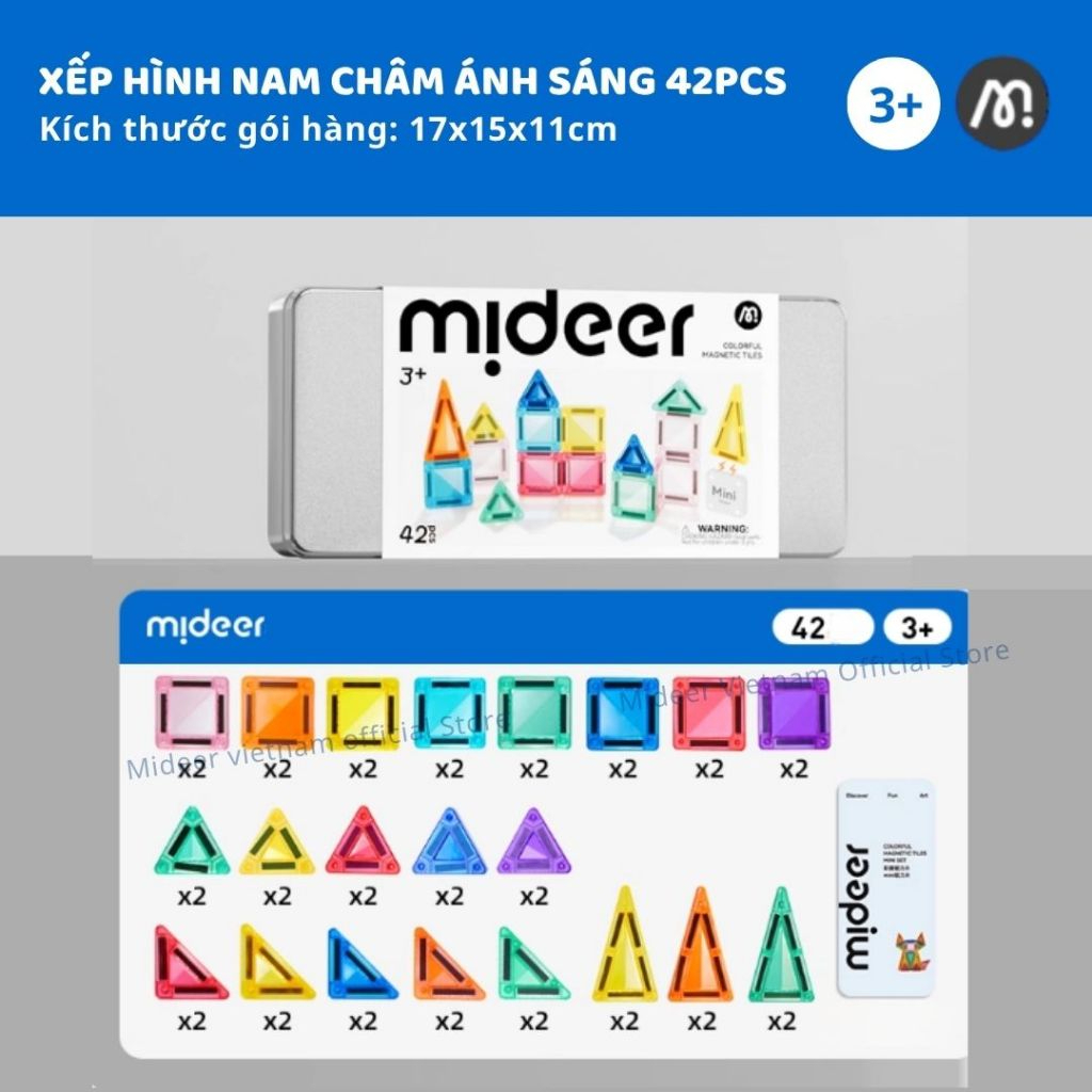 Đồ Chơi Xếp Hình Nam Châm Mini Mideer Colorful Magnetic Tiles 42 Chi Tiết 3+