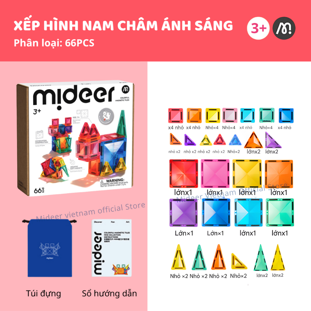 Đồ Chơi Xếp Hình Nam Châm Mini Mideer Colorful Magnetic Tiles 66 Chi Tiết 3+