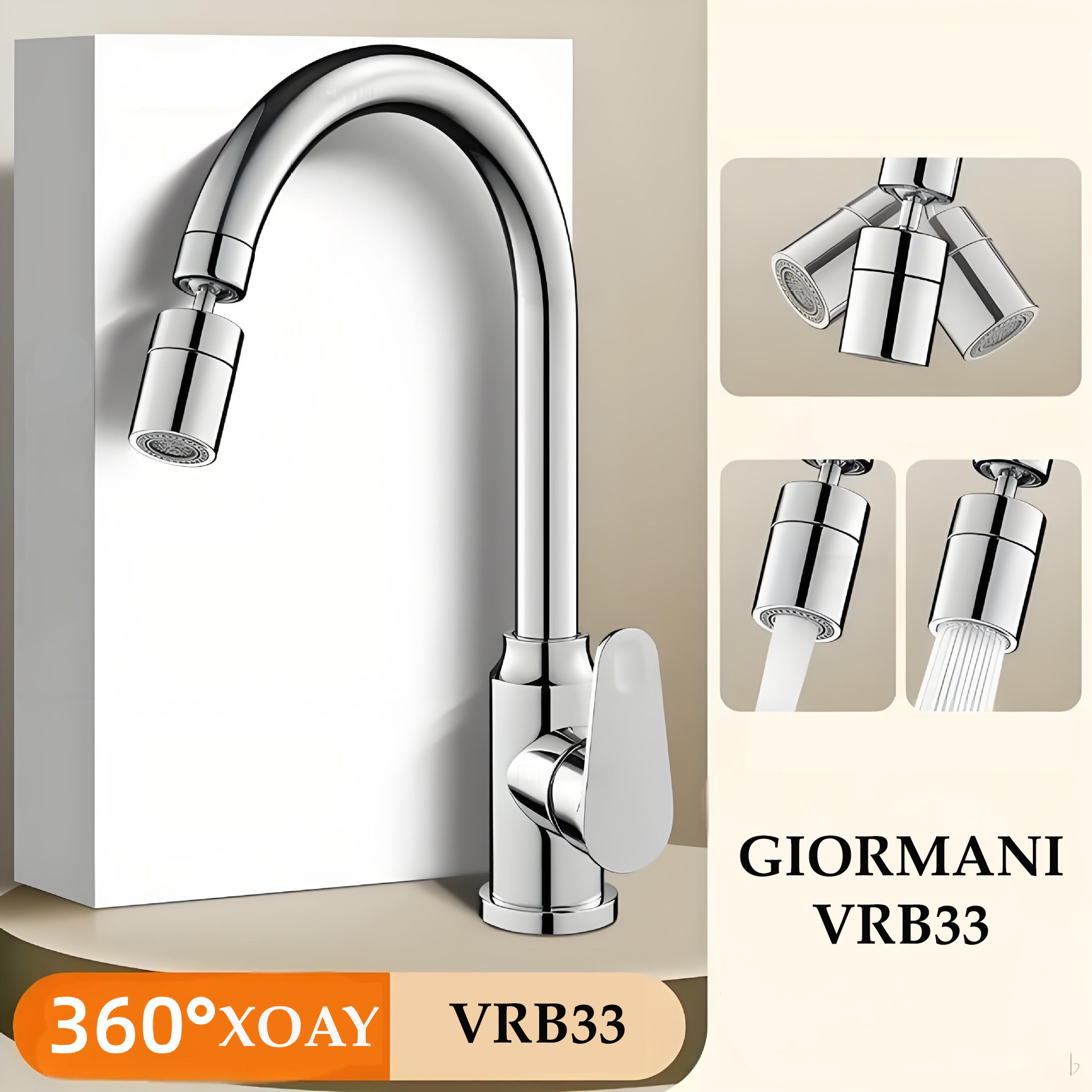 Vòi rửa chén, rửa bát GIORMANI nóng lạnh hợp kim đồng mạ crom đầu xoay 360 tiện dụng VRB33 kèm đôi dây cấp nước inox
