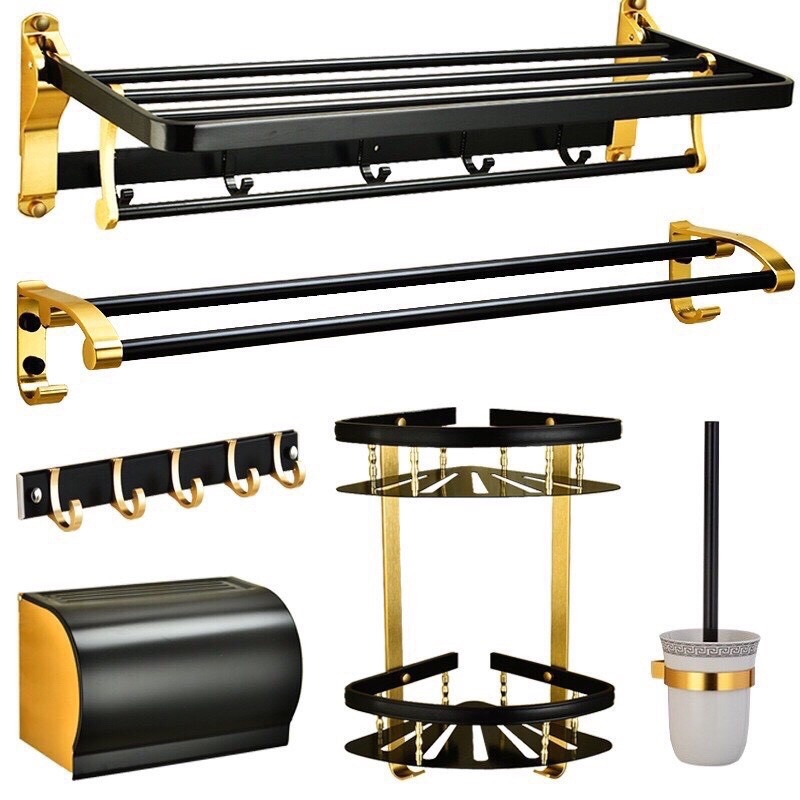 Bộ phụ kiện nhà tắm kệ đồ, móc treo 6 thiết kế vàng đen cao cấp, sang trọng GIORMANI KNT06