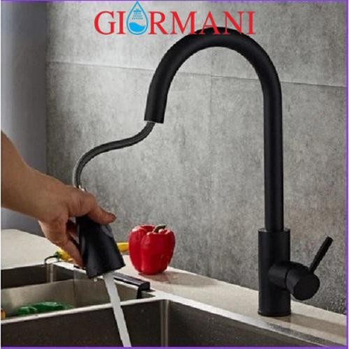 Vòi rửa bát, rửa chén nóng lạnh inox dây rút mạ đen tiện dụng GIORMANI VRB27 kèm dây cấp nước inox