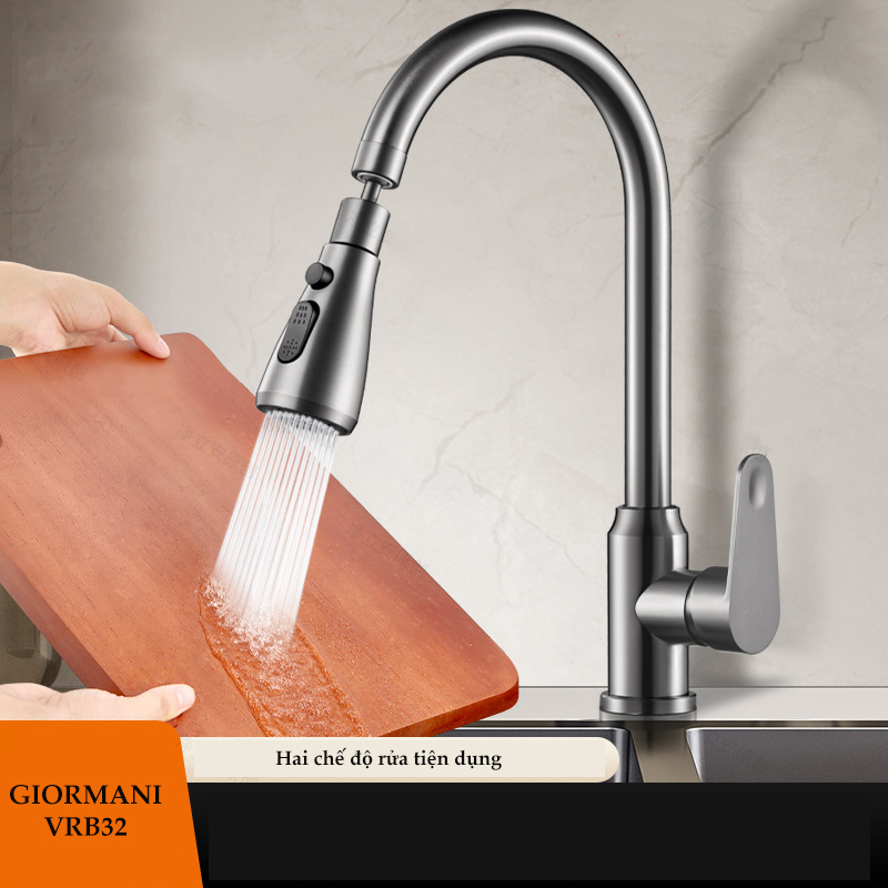 Vòi rửa bát, rửa chén nóng lạnh mạ tintan đầu vòi xoay 360 hai chế độ nước tiện dụng VRB32 kèm đôi dây cấp nước inox