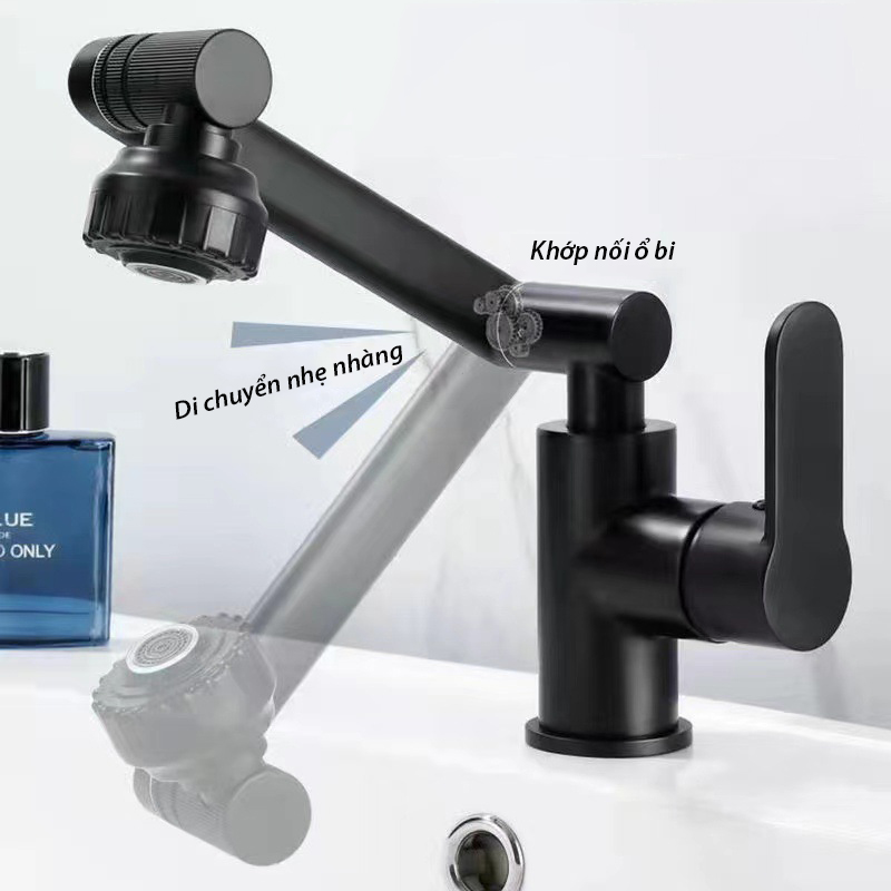 Vòi lavabo, vòi rửa mặt GIORMANI nóng lạnh cần xoay 360 độ  mạ đen SNL50 kèm đôi dây cấp inox