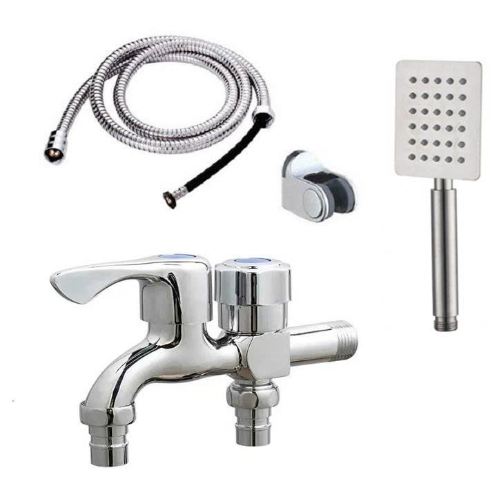 Vòi nước đôi cho máy giặt, Bộ củ sen tắm lạnh GIORMANI kết hợp bát sen vuông inox SL01-VHS10 kèm dây và đế cài
