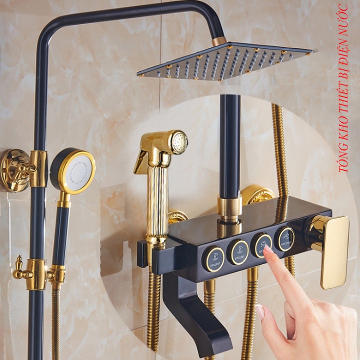 Bộ sen cây tắm nóng lạnh vàng đen 4 nút cao cấp GIORMANI SC31 có vòi sịt rửa tiện dụng