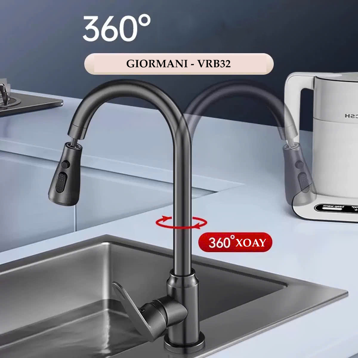Vòi rửa bát, rửa chén nóng lạnh mạ tintan đầu vòi xoay 360 hai chế độ nước tiện dụng VRB32 kèm đôi dây cấp nước inox