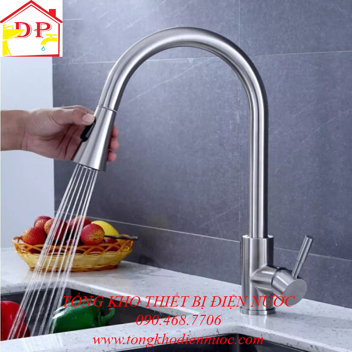 Vòi rửa bát, rửa chén nóng lạnh inox dây rút tiện dụng GIORMANI VRB25 kèm dây cấp nước inox