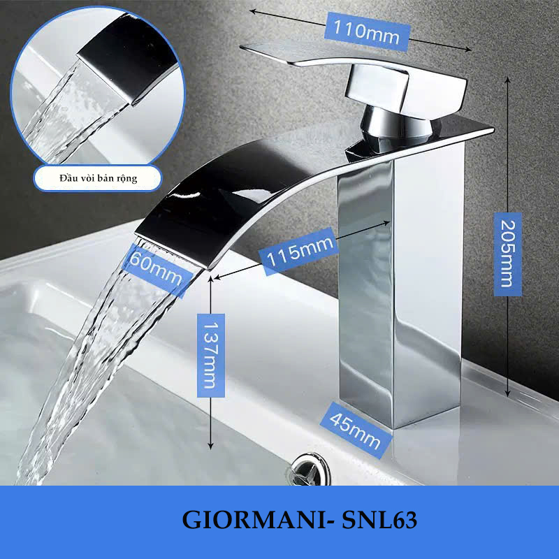 Vòi lavabo, vòi rửa mặt GIORMANI nóng lạnh cao cấp SNL63 kèm đôi dây cấp inox