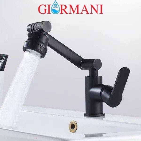 Vòi lavabo, vòi rửa mặt GIORMANI nóng lạnh cần xoay 360 độ  mạ đen SNL50 kèm đôi dây cấp inox