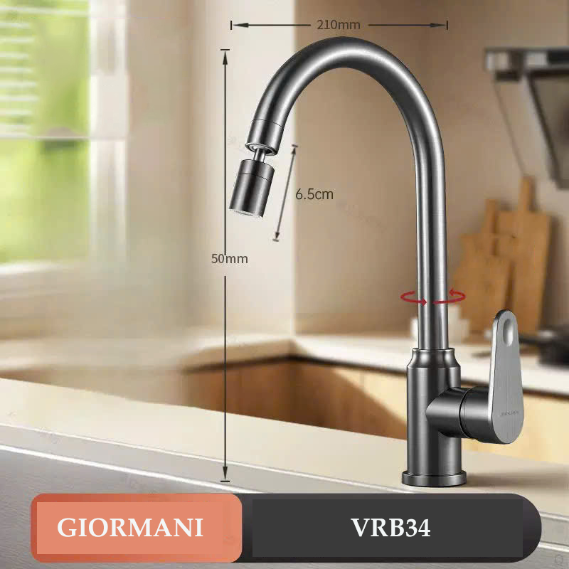 Vòi rửa bát, rửa chén GIORMANI nóng lạnh cao cấp đầu xoay 360 độ tiện dụng VRB34 kèm đôi dây cấp inox