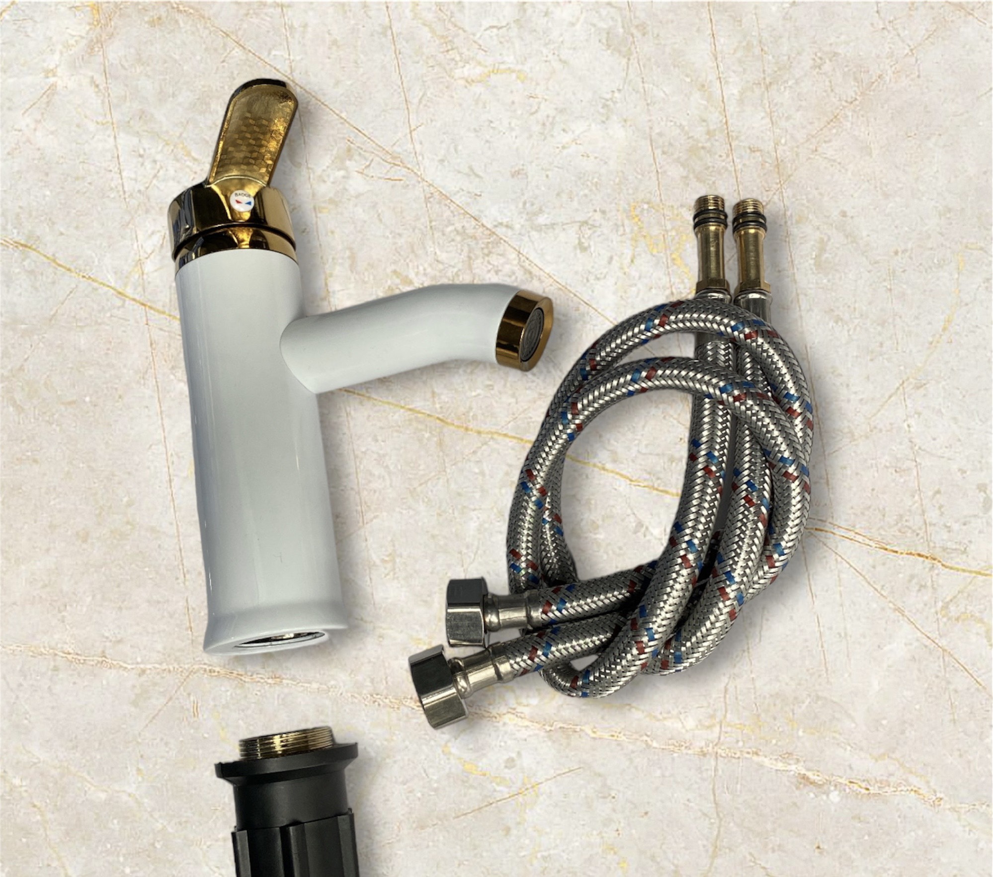 Vòi lavabo, vòi rửa mặt GIORMANI nóng lạnh vàng trắng cao cấp SNL51 kèm đôi dây cấp inox