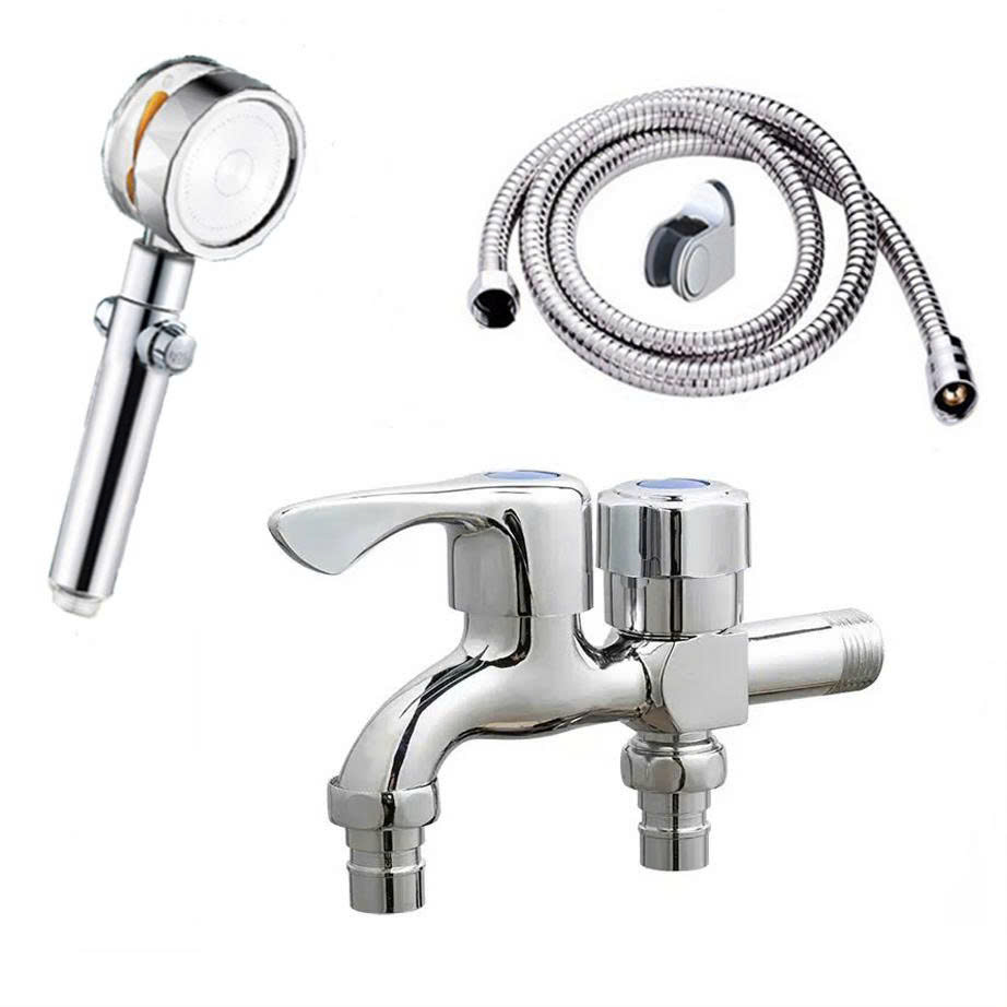 Vòi nước đôi cho máy giặt, Bộ củ sen tắm lạnh GIORMANI kết hợp bát sen tăng áp cánh quạt SL01-VHS13 kèm dây và đế cài
