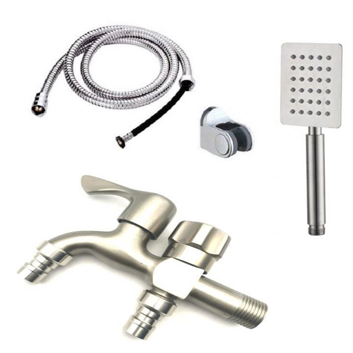 Vòi nước đôi cho máy giặt, Bộ củ sen tắm lạnh GIORMANI inox kết hợp bát sen vuông inox SL02-VHS10 kèm dây và đế cài
