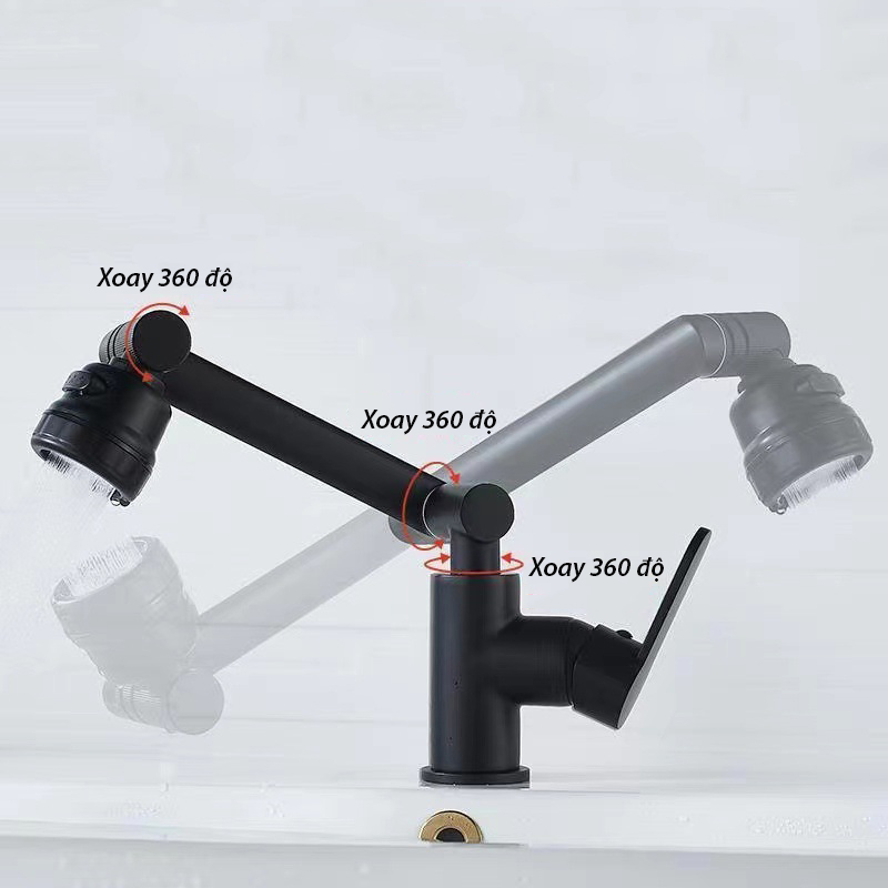Vòi lavabo, vòi rửa mặt GIORMANI nóng lạnh cần xoay 360 độ  mạ đen SNL50 kèm đôi dây cấp inox