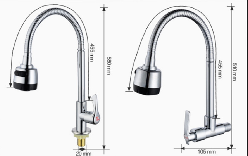 Vòi rửa bát, rửa chén lạnh cắm tường cần mềm 2 chế độ nước VRB905