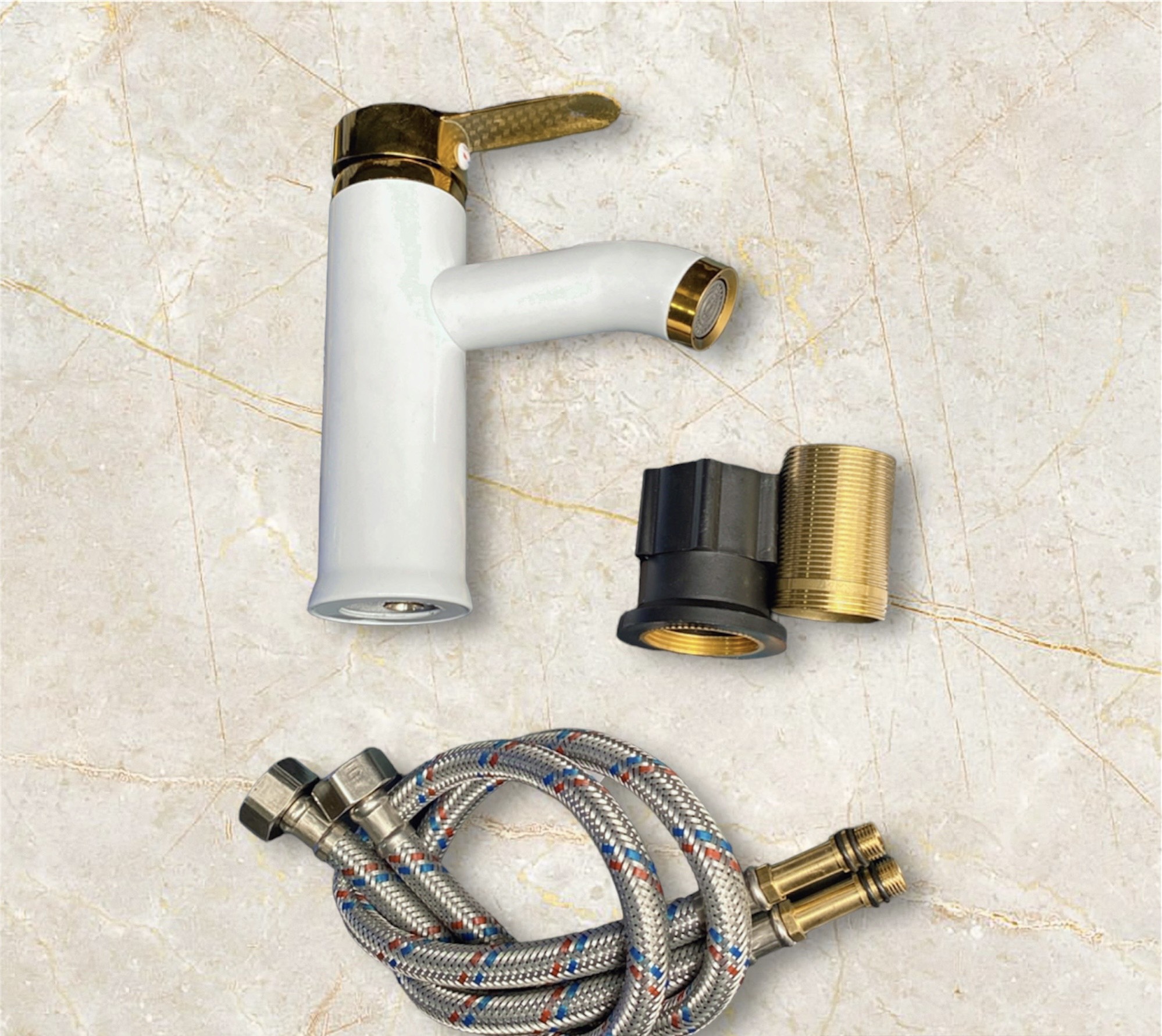 Vòi lavabo, vòi rửa mặt GIORMANI nóng lạnh vàng trắng cao cấp SNL51 kèm đôi dây cấp inox