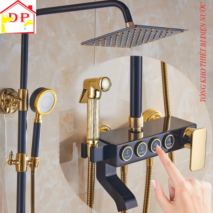 Bộ sen cây tắm nóng lạnh vàng đen 4 nút cao cấp GIORMANI SC31 có vòi sịt rửa tiện dụng
