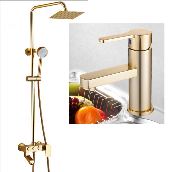 Bộ sen cây tắm GIORMANI nóng lạnh vàng ánh kim 3 nút kết hợp vòi lavabo cao cấp SC05-SNL24